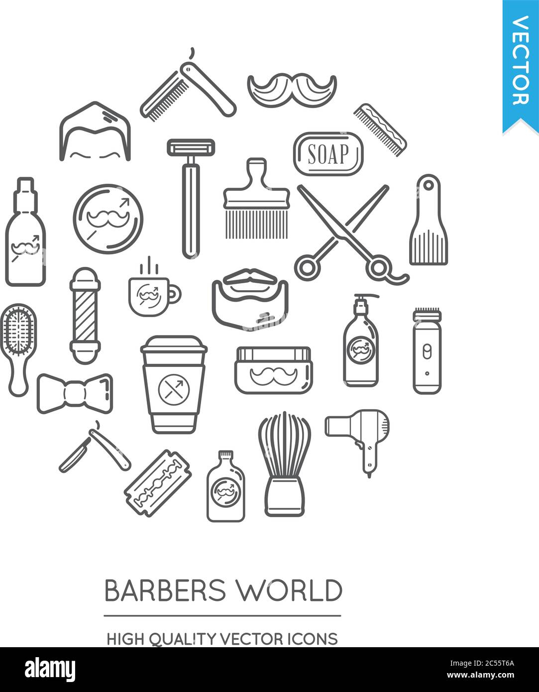 Vector Set of Barber Shop Modern Flat Thin Icons Inscribed in Round ...
