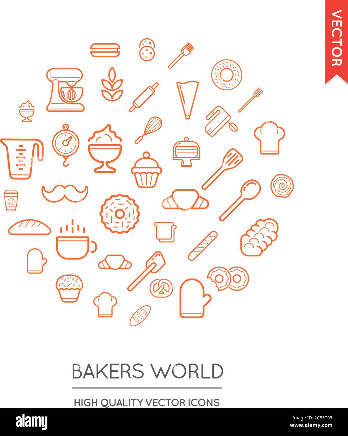 Vector Set of Bakery Modern Flat Thin Icons Inscribed in Round Shape ...