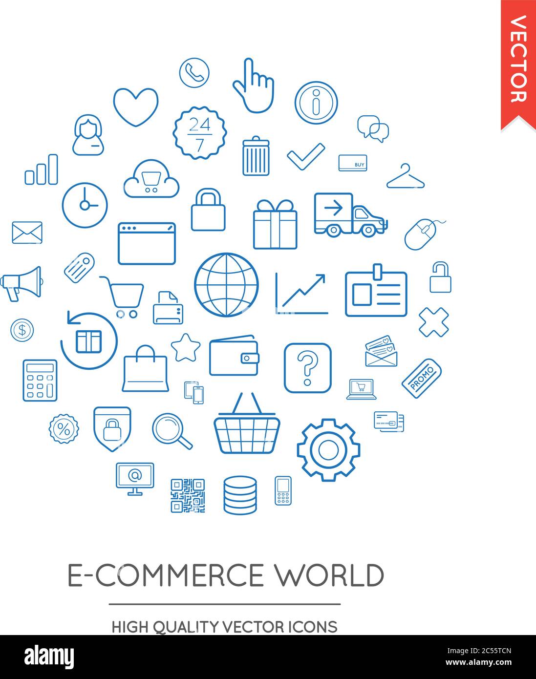 Vector Set of E-Commerce Modern Flat Thin Icons Inscribed in Round Shape Stock Vector
