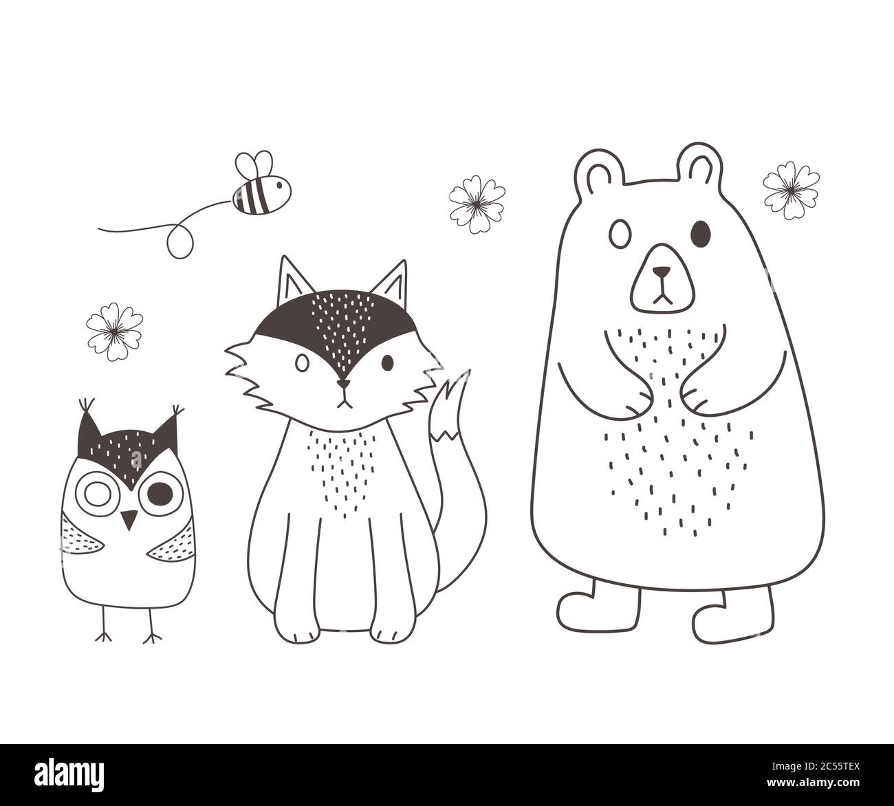 cute animals sketch wildlife cartoon adorable bear fox and owl vector ...