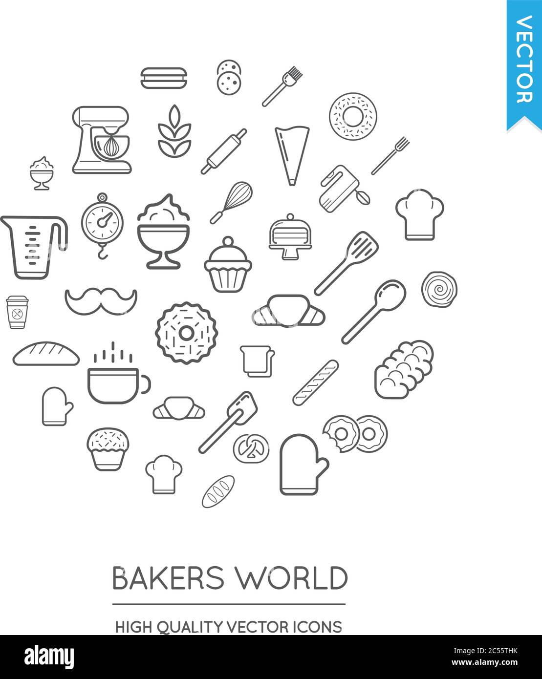Vector Set of Bakery Modern Flat Thin Icons Inscribed in Round Shape Stock Vector