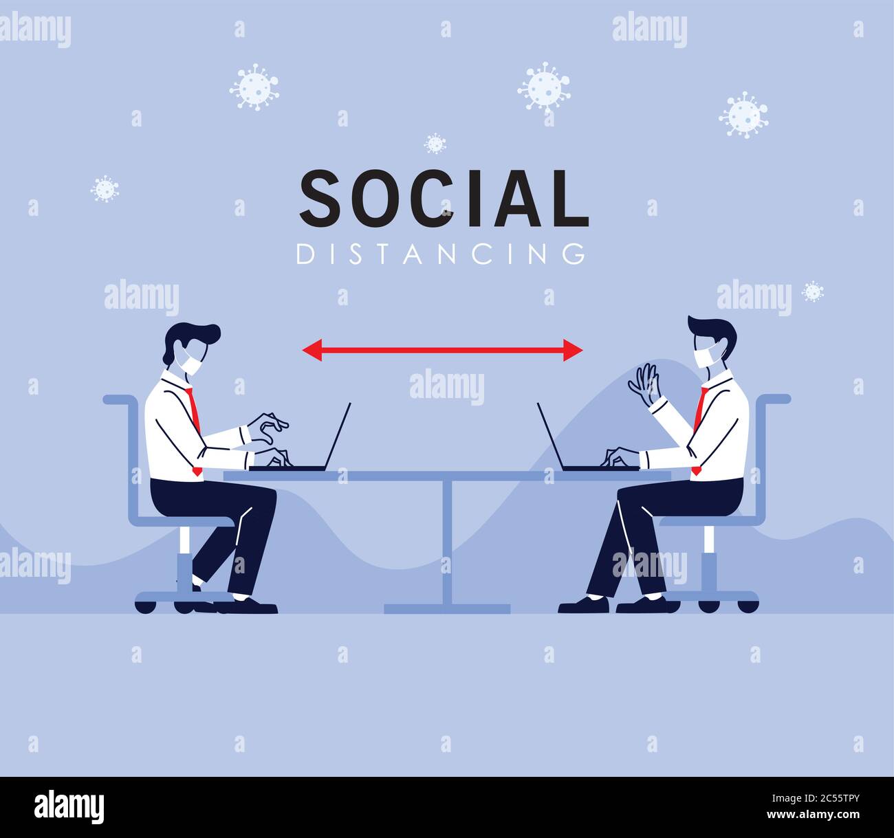 Social distancing between men with masks and laptops on table design of ...