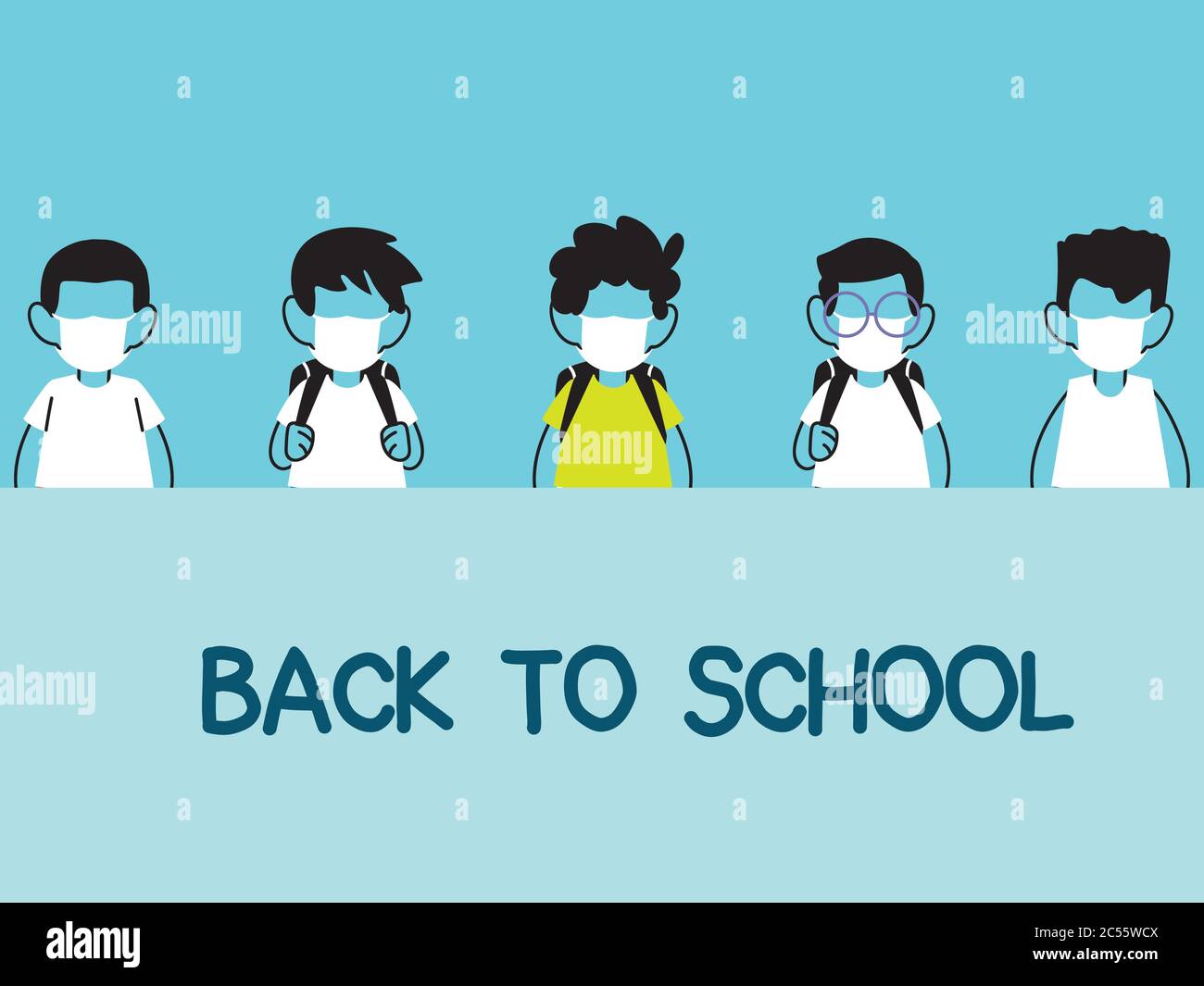 back to school, group of kids wearing face mask and social distancing ...