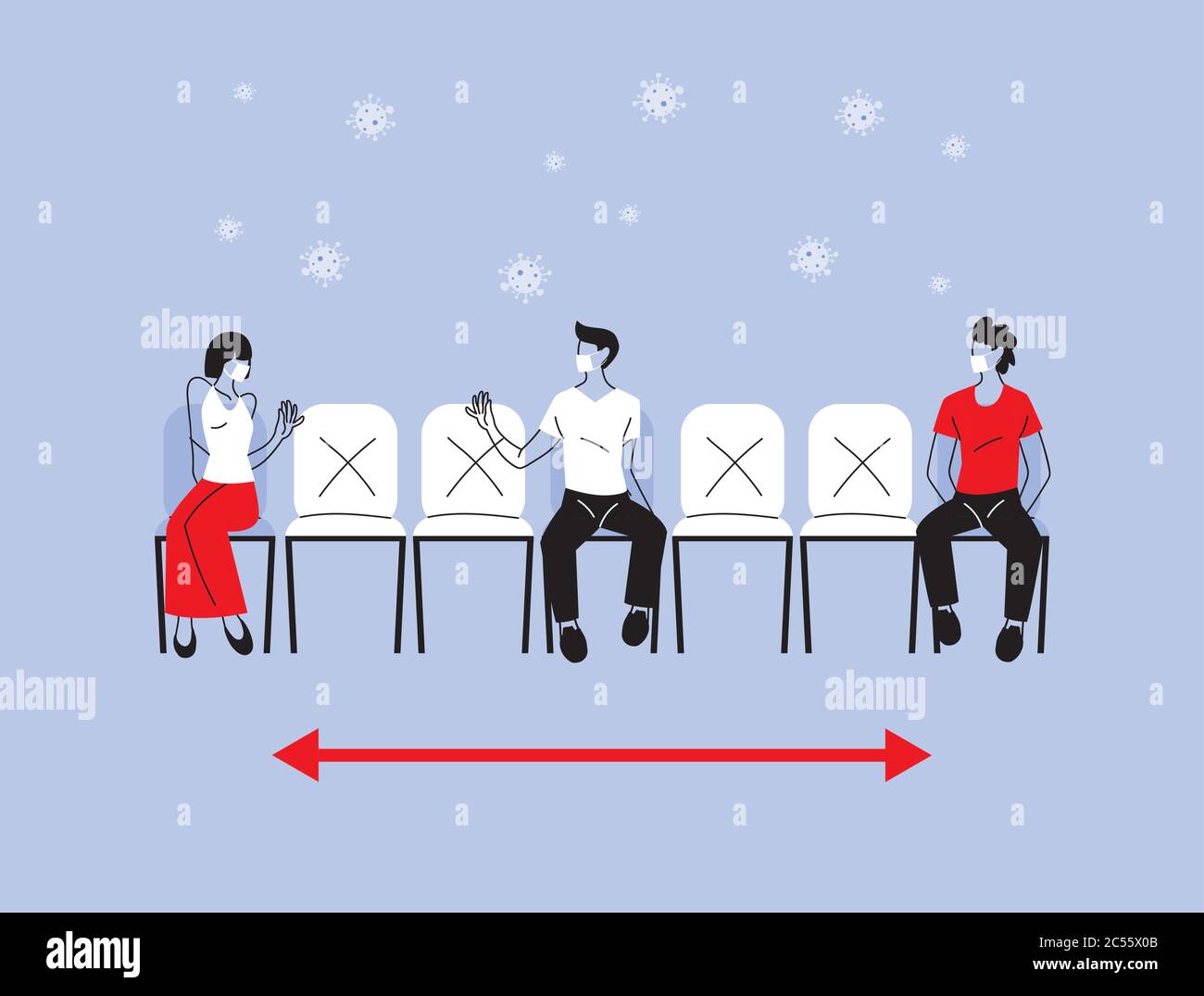 Social distancing between woman and men with masks on chairs design of ...