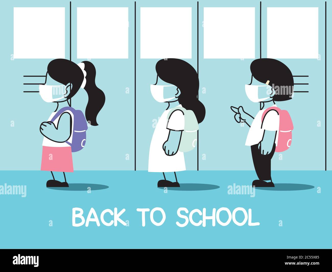 back to school, group of kids wearing face mask and social distancing ...