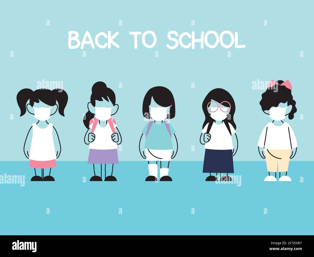 back to school, group of kids wearing face mask and social distancing ...