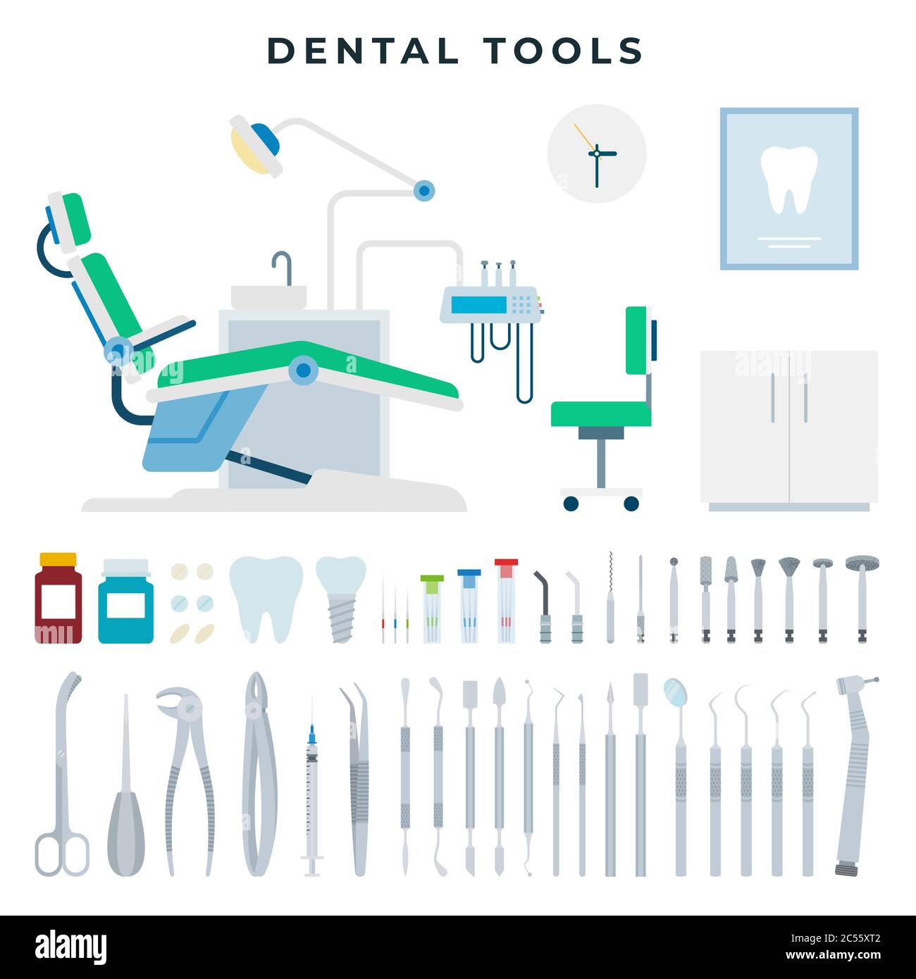 Dental office equipment and tools, set. Instruments for various dental manipulations. Vector illustration. Stock Vector