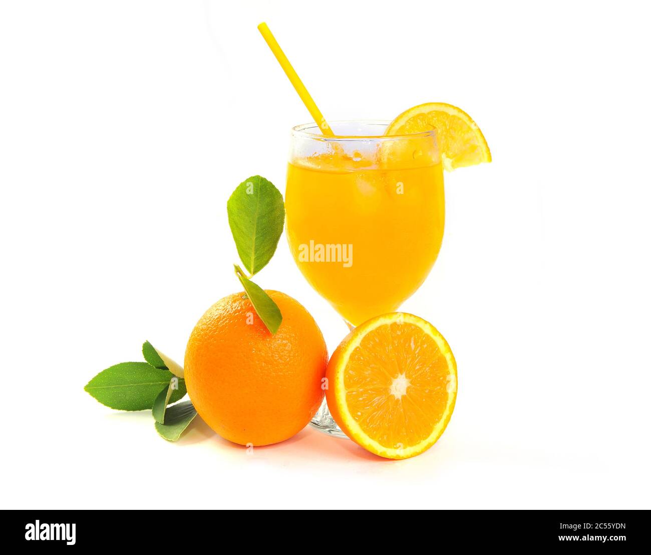 Fresh orange juice with fruits and leaf, isolated on white background