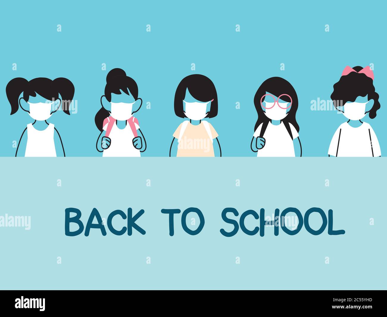 back to school, group of kids wearing face mask and social distancing ...