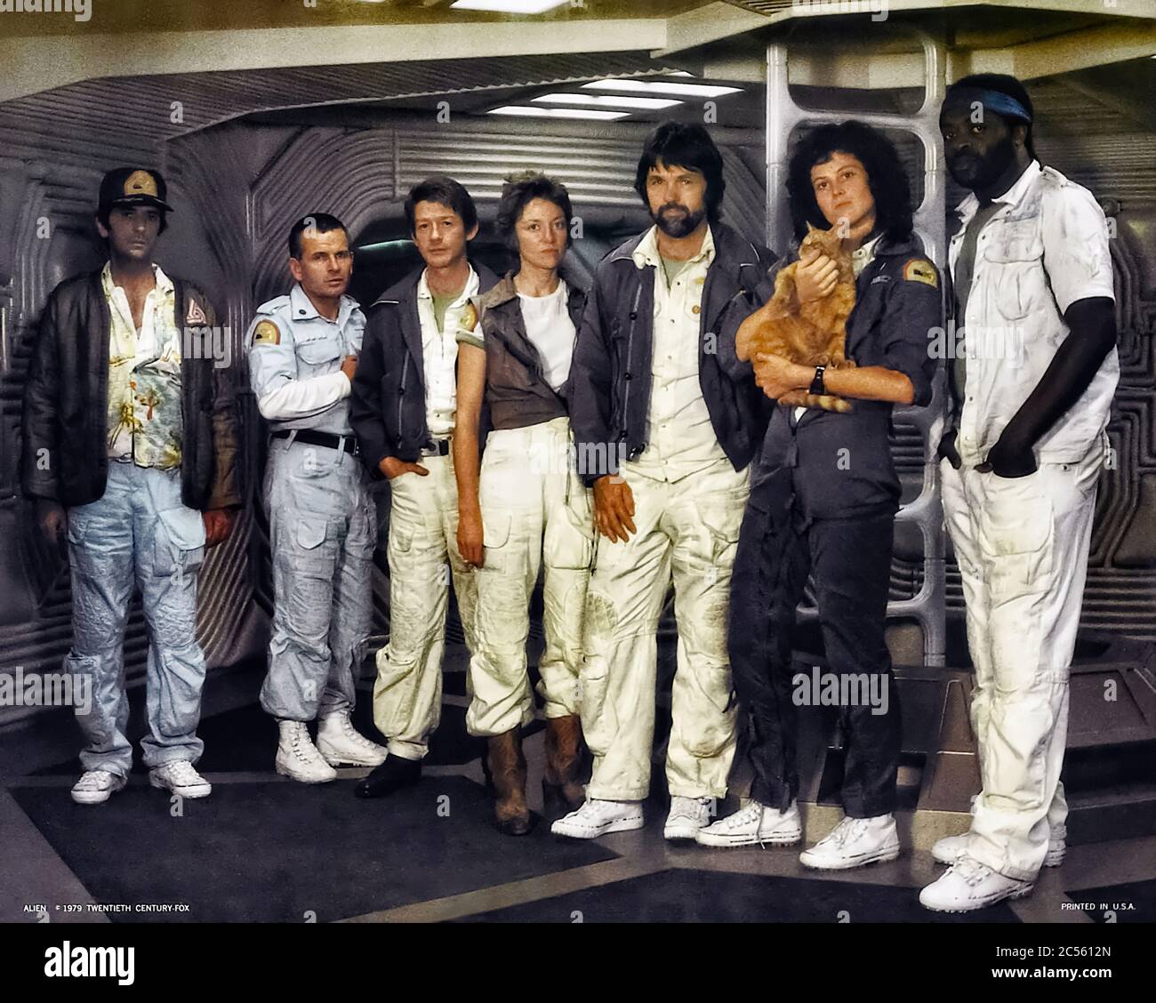 Crew of the USCSS Nostromo from Alien (1979) directed by Ridley Scott and starring from left to right Harry Dean Stanton (Brett), Ian Holm (Ash), John Hurt (Kane), Veronica Cartwright (Lambert), Tom Skerritt (Dallas), Jones the cat, Sigourney Weaver (Ripley) and Yaphet Kotto (Parker). Stock Photo