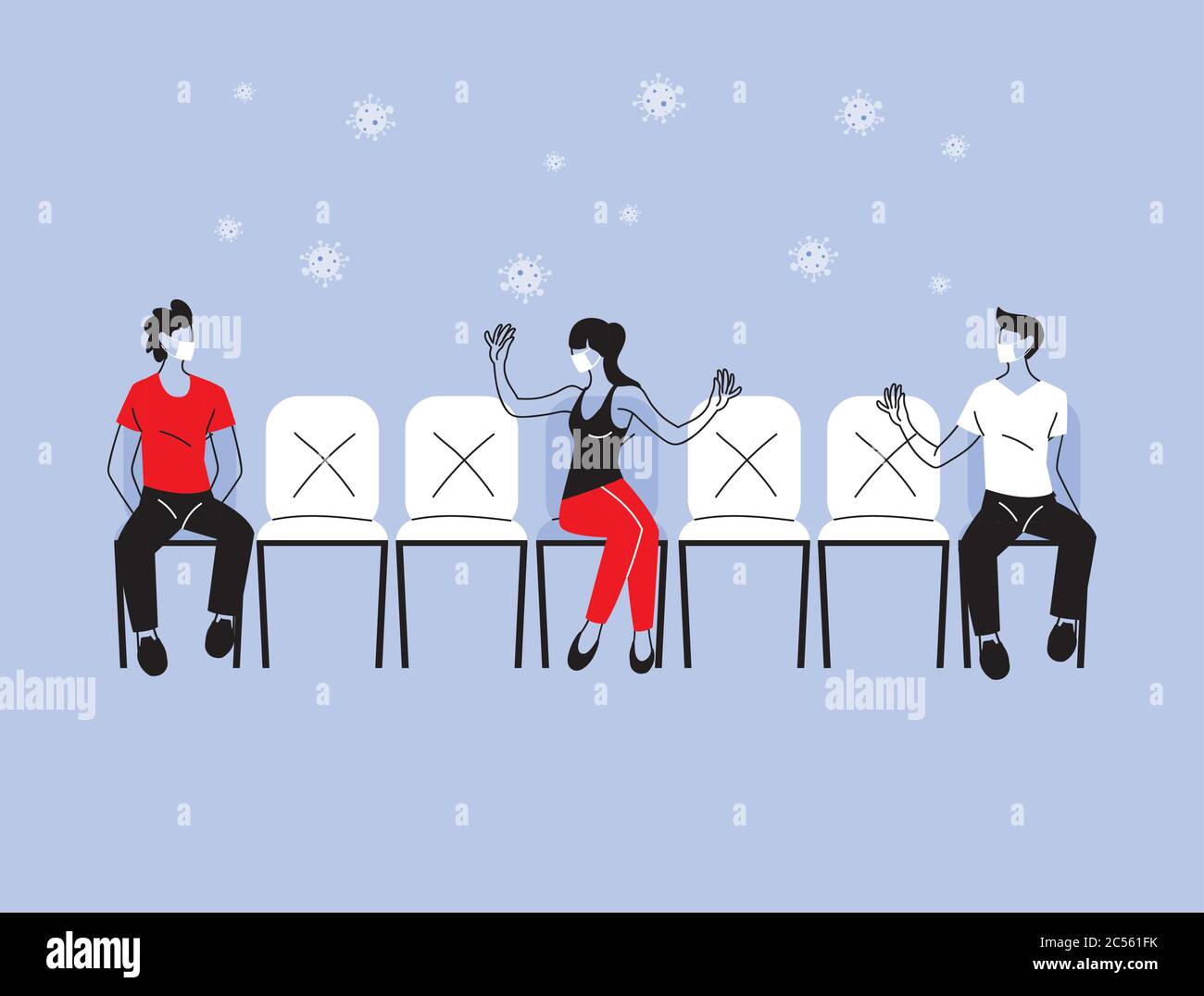 Social distancing between woman and men with masks on chairs design of ...