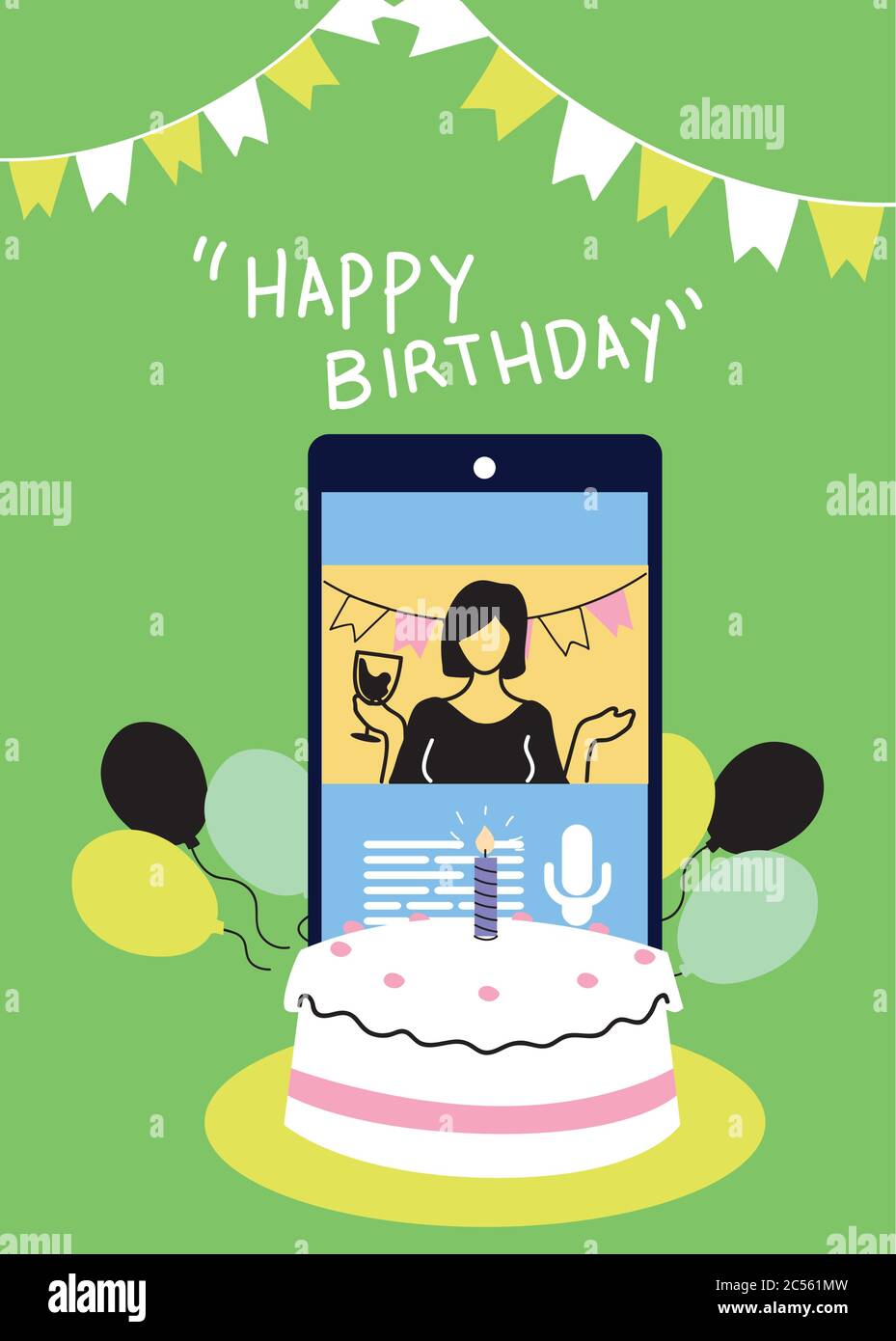 Woman With Wine Cup On Smartphone With Cake And Balloons Design Happy Birthday And Video Chat Theme Vector Illustration Stock Vector Image Art Alamy