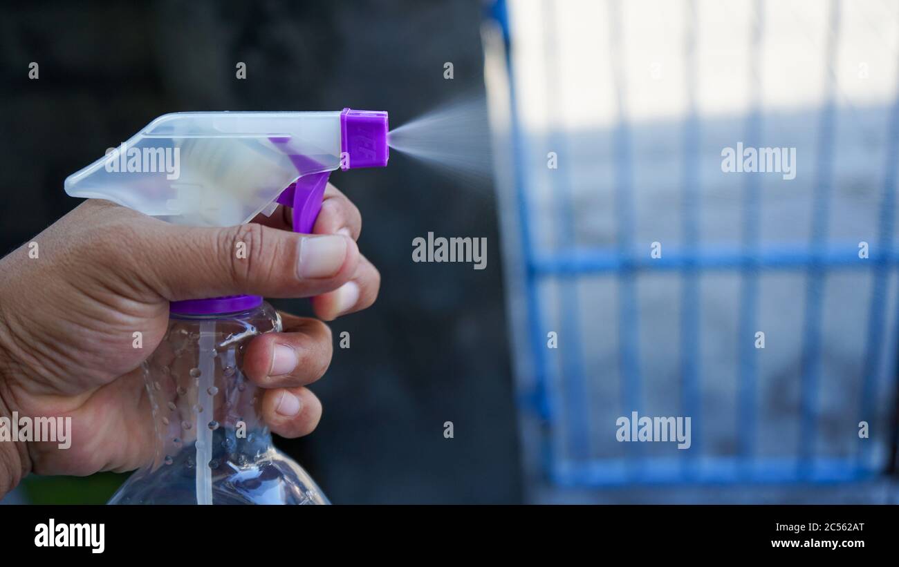 Close up hand holding disinfectant spray Stock Photo Alamy