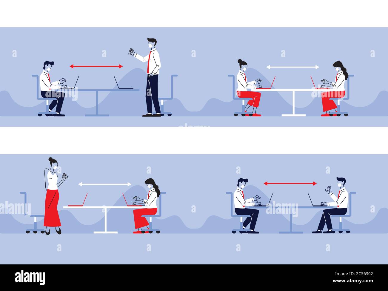 Social distancing between women and men with masks on tables design of ...