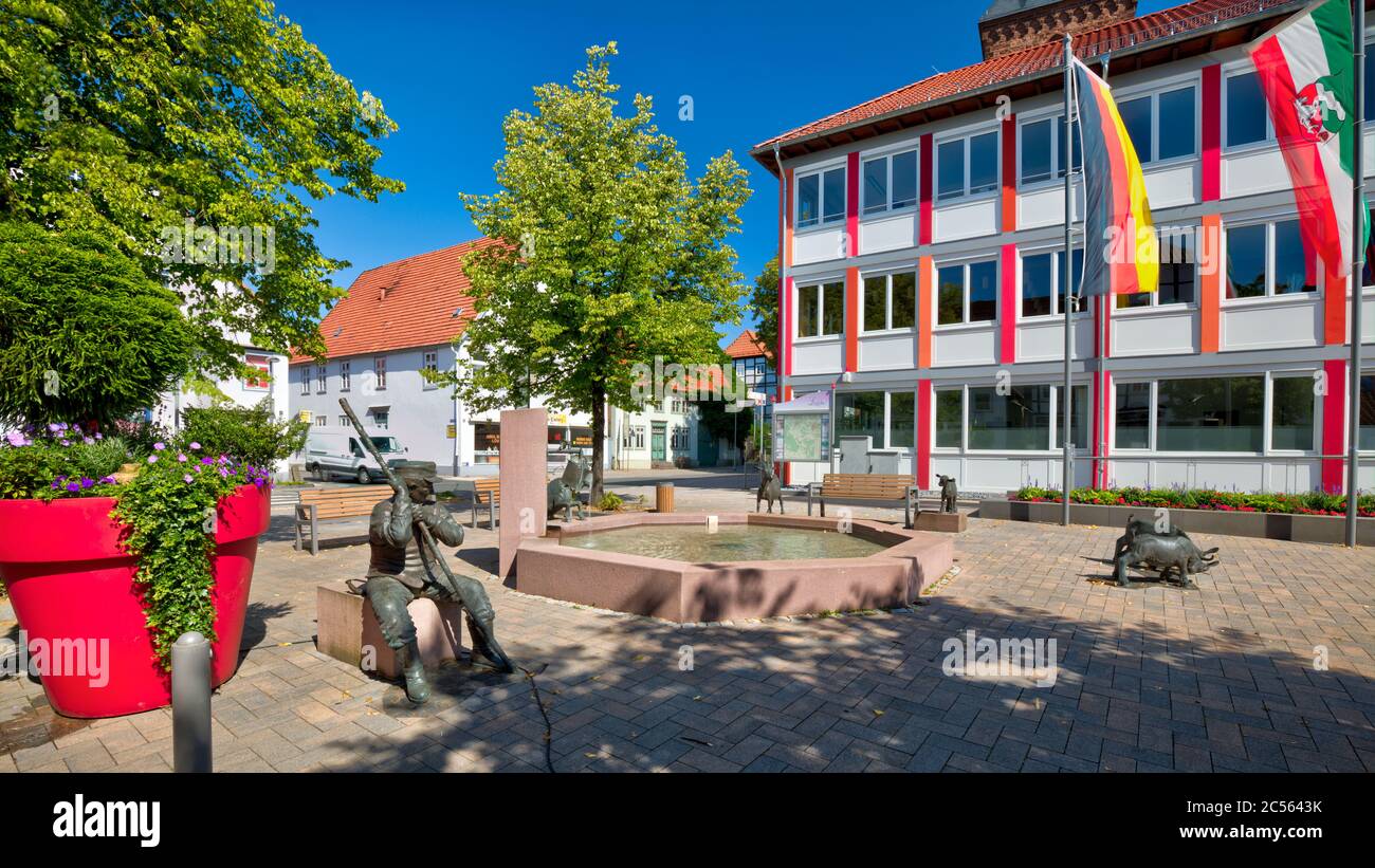 Rathaus, Marktplatzbrunnen, market square, goat fountain, Lügde, North Rhine-Westphalia, Germany, Europe Stock Photo