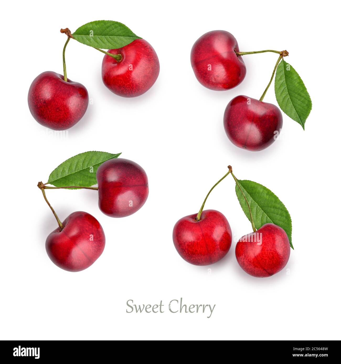Set of cherry berries with leafs  isolated on white background Stock Photo