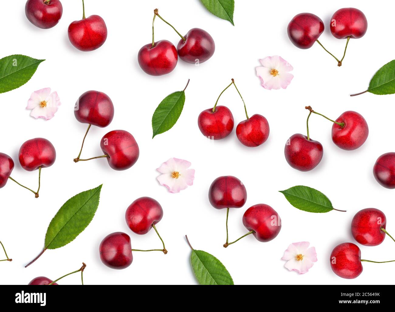Seamless pattern with cherry berries, leafs and flower isolated on white background Stock Photo
