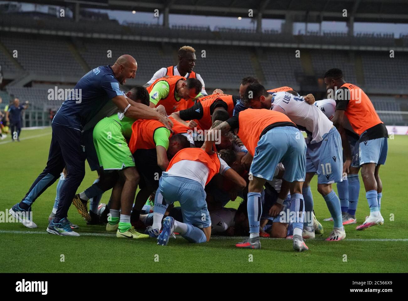 Turin. 1st July, 2020. Lazio's Marco Parolo celebrates his goal with his teammates during a Serie A football match between Torino and Lazio in Turin, Italy, June 30, 2020. Credit: Xinhua/Alamy Live News Stock Photo