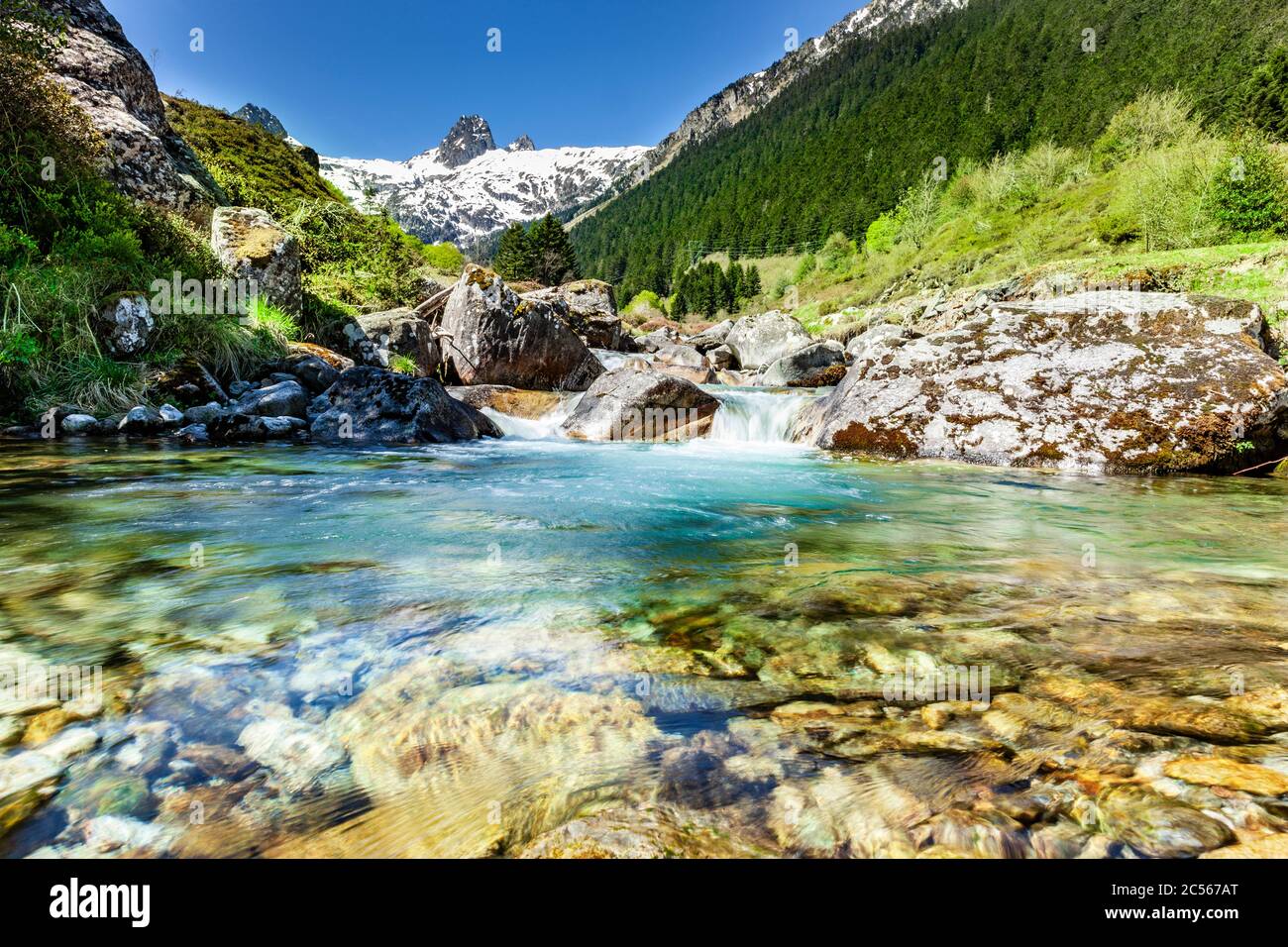 Clear mountain stream in the mountains Stock Photo
