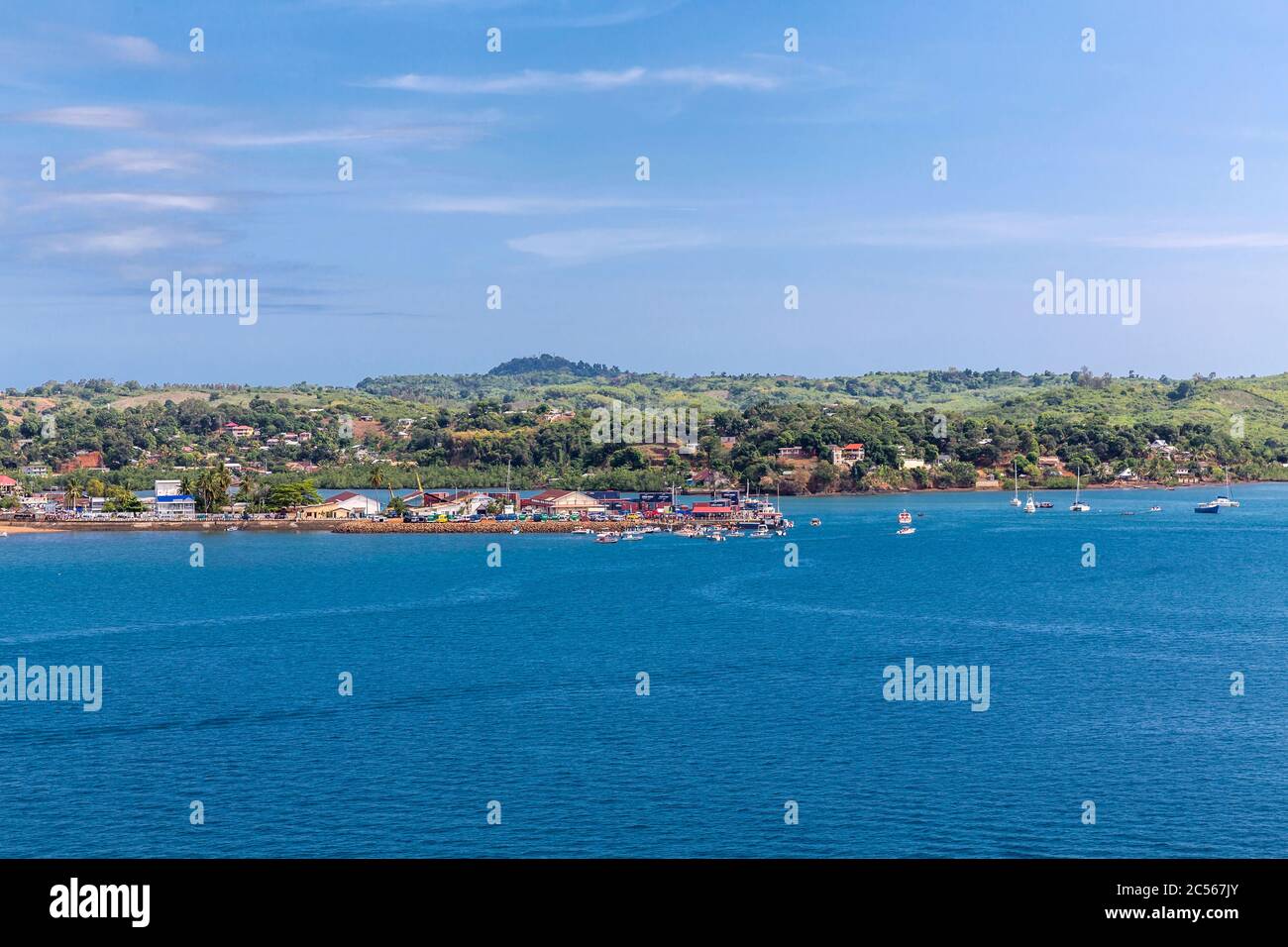 View from the cruise ship onto the ferry terminal, Andoany, Hell-Ville, Nosy Bé, Madagascar, Africa, Indian Ocean Stock Photo