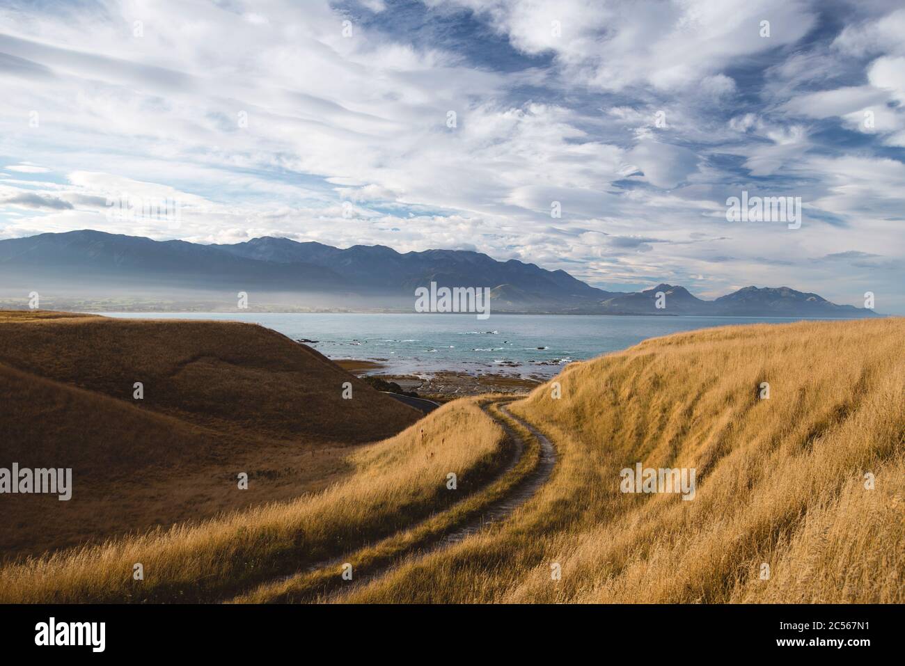 Lonely coastal road with a view of the mountains of Kaikoura, Canterbury, New Zealand Stock Photo
