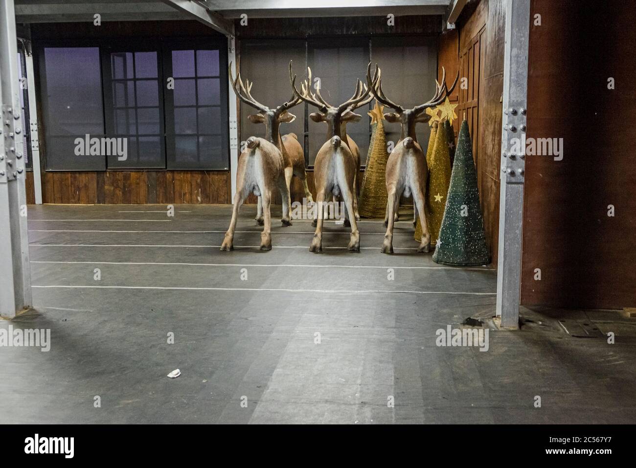 Reindeer and Christmas decorations in an otherwise empty warehouse Stock Photo