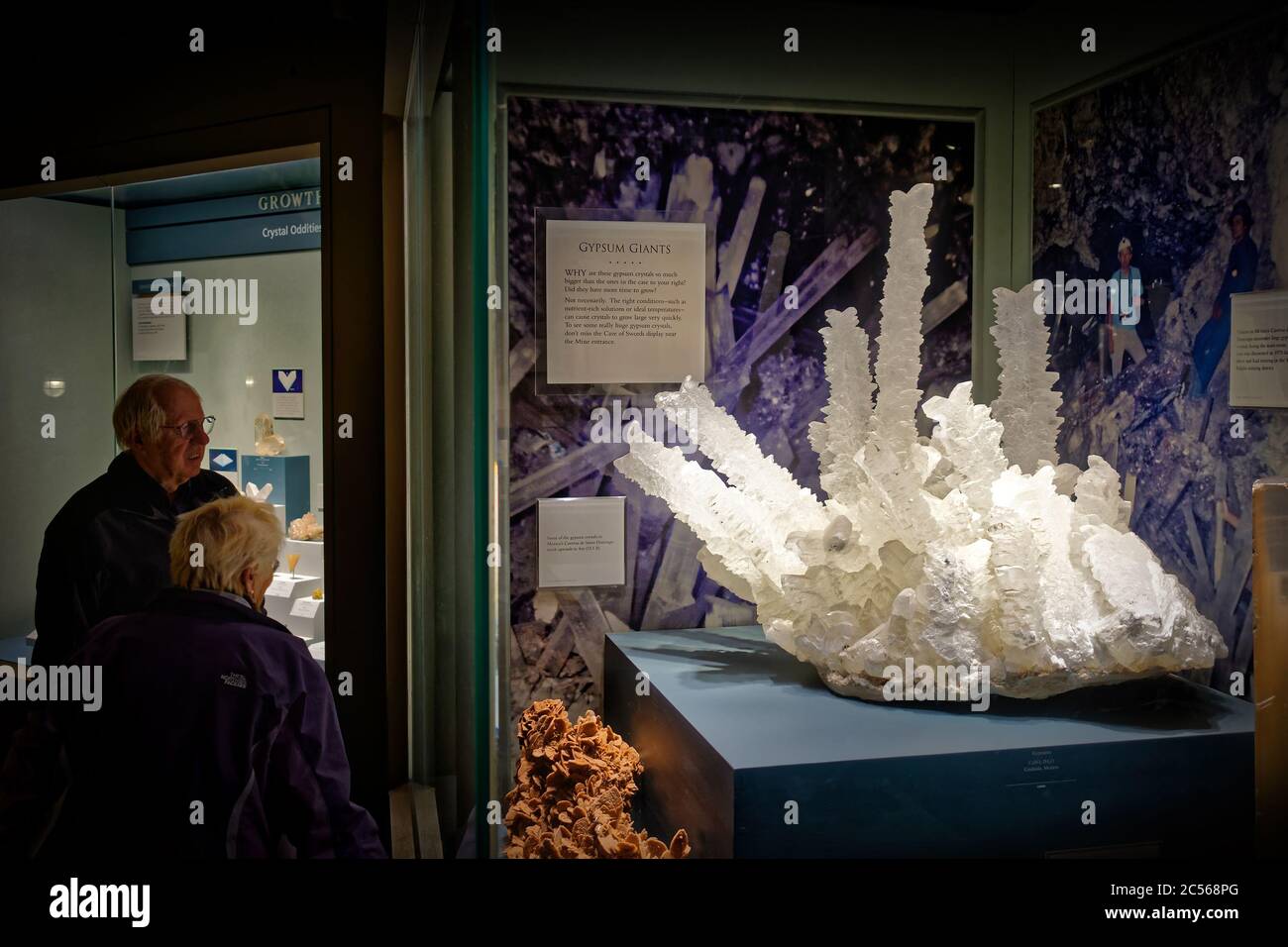 Museum visitors looking at large gypsum crystals in the Smithsonian National Museum of Natural History, Washington, DC, USA Stock Photo