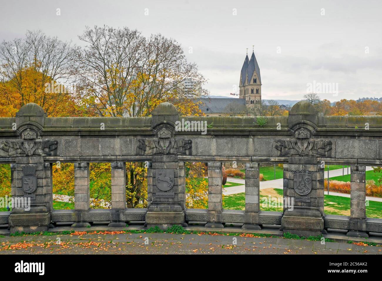 State coat of arms on the German corner, Koblenz, Rhine Valley, Rhineland-Palatinate, Germany Stock Photo