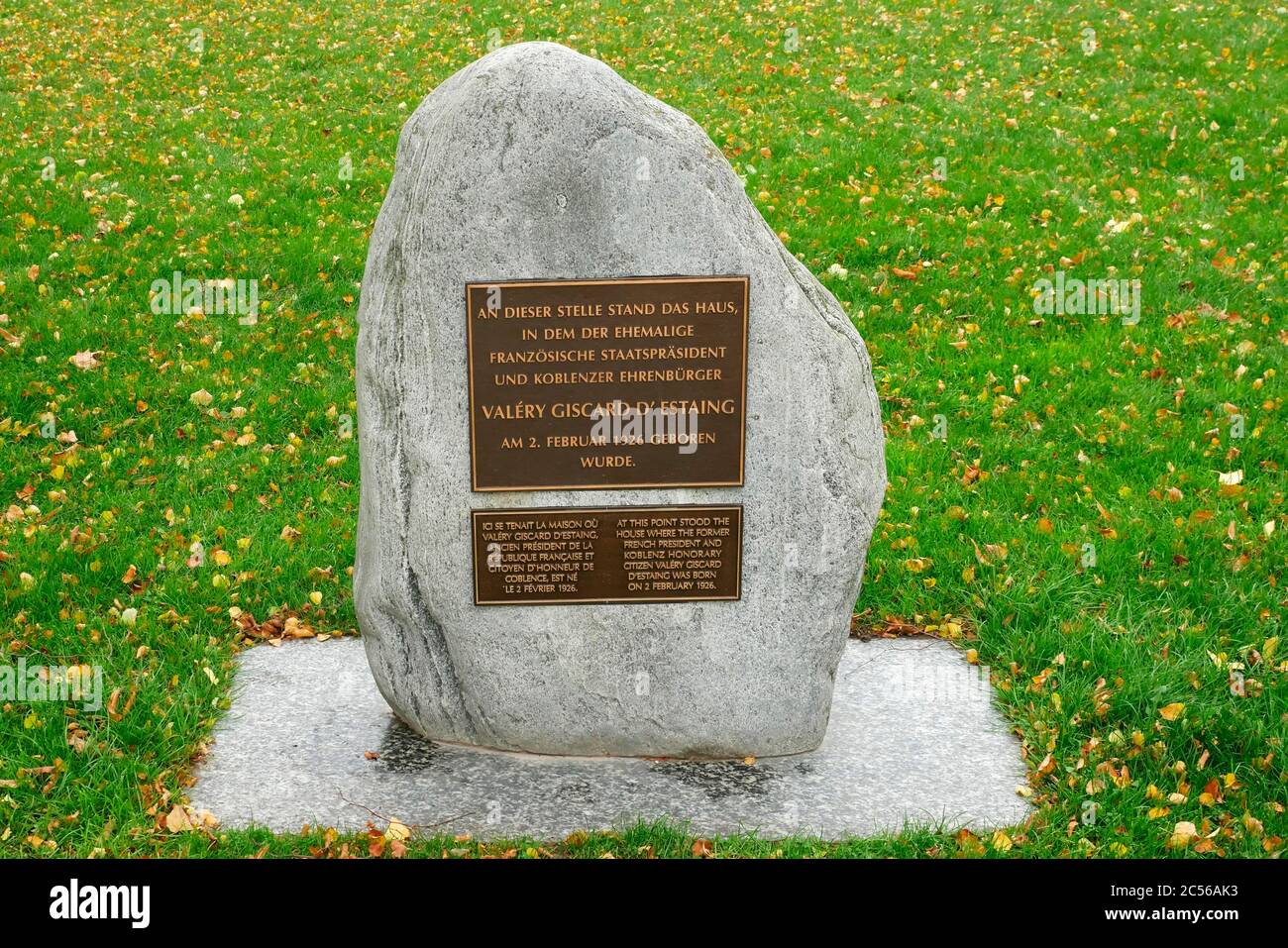 Memorial stone for Valery Giscard d'Estaing in the Rheinanlagen, Koblenz, Rhineland-Palatinate, Germany Stock Photo