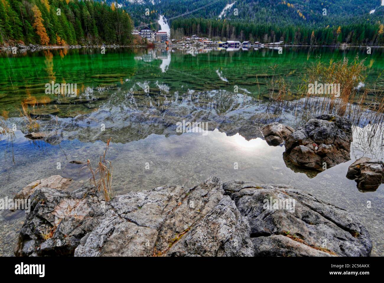 Eibsee with Eibsee Hotel near Grainau, Wetterstein Mountains