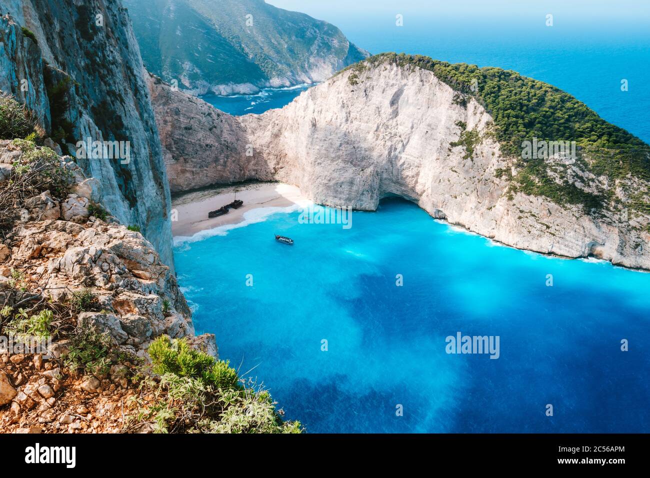 Greece, Zakynthos. Stranded panagiotis freightliner ship in navagio beach from top view. Stock Photo