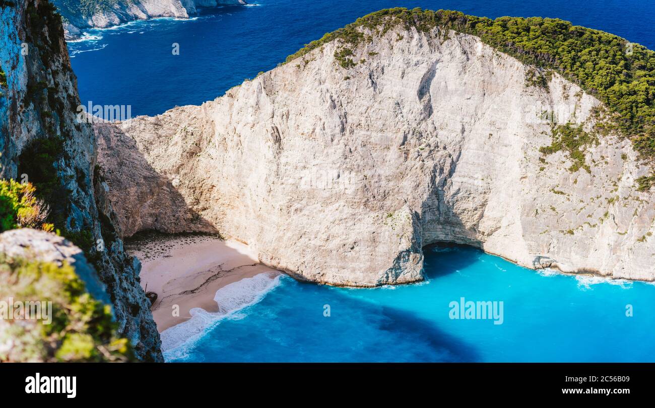 Close up of Navagio beach, Zakynthos island, Greece. Shipwreck bay with turquoise water and white sand beach. Famous landmark location in Greece. Stock Photo