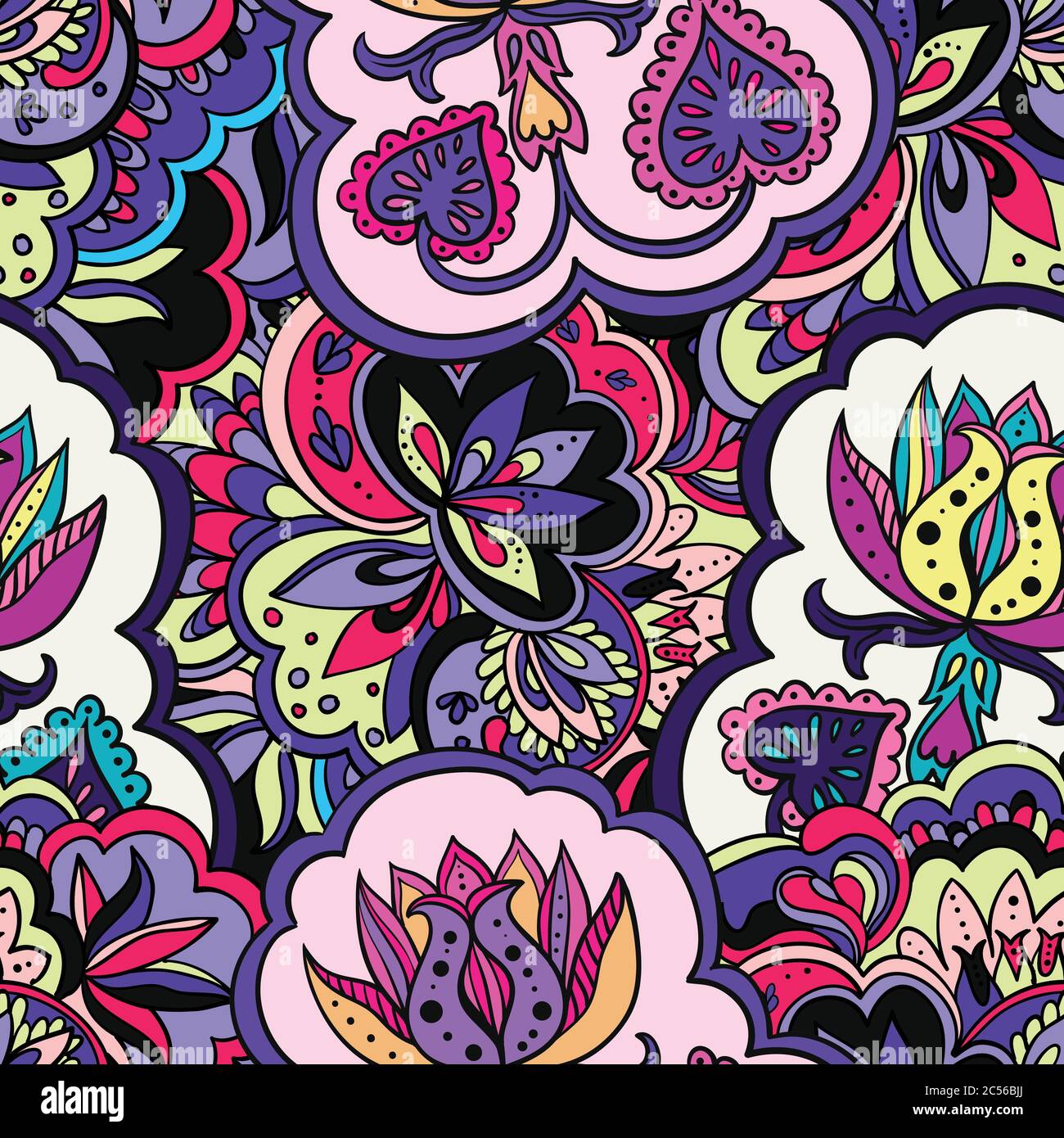 Colorful seamless pattern with plants and floral elements. Bright psychedelic background. Stock Vector