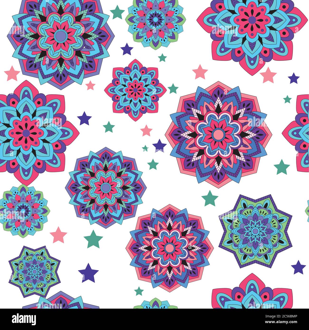 Colorful seamless pattern with plants and floral elements. Bright psychedelic background. Stock Vector