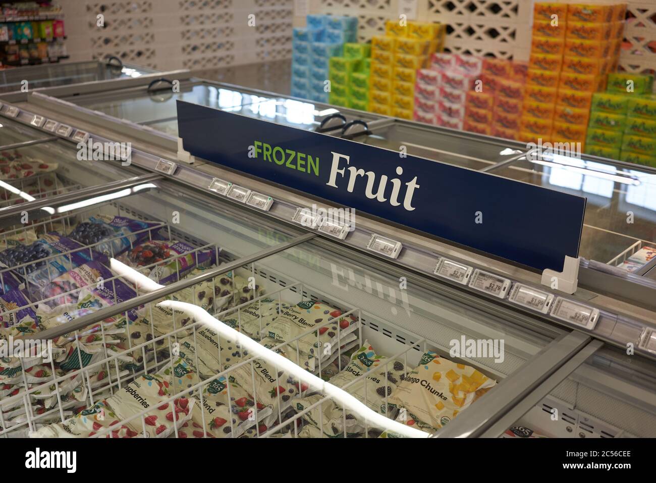 Frozen fruit in a freezer in a Whole Foods Market 365 supermarket in Lake Oswego, Oregon, seen on June 30, 2020. Stock Photo