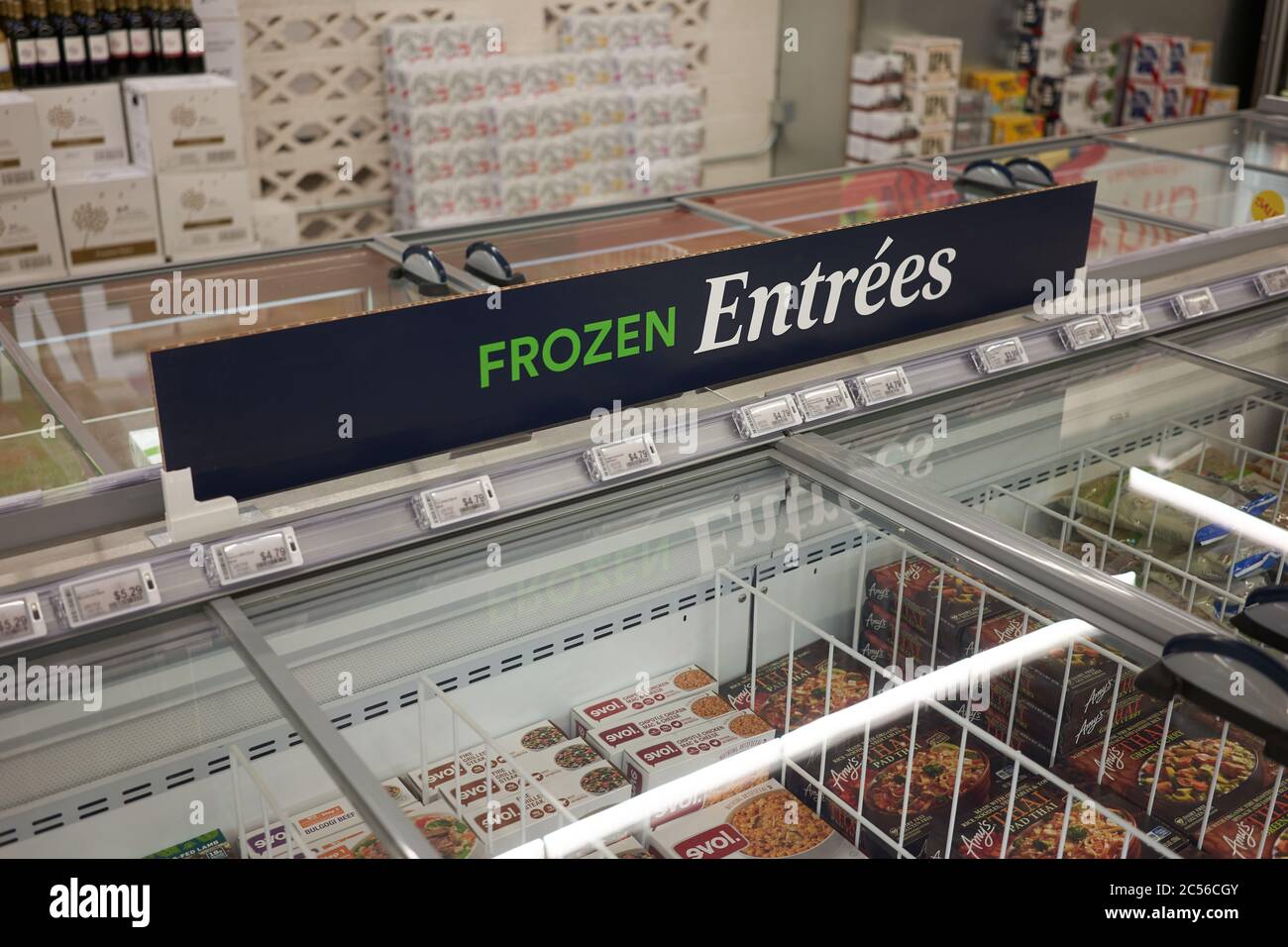 Frozen entrées in a freezer in a Whole Foods Market 365 supermarket in Lake Oswego, Oregon, seen on June 30, 2020. Stock Photo