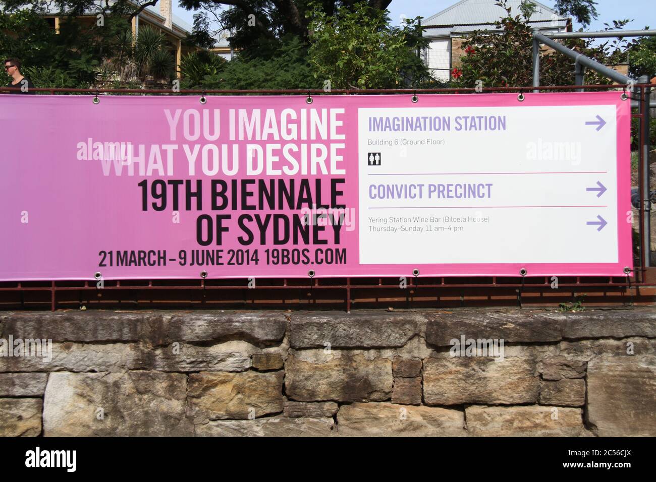 A sign on the Upper Island of Cockatoo Island encourages visitors to the 19th Biennale of Sydney to imagine what they desire and gives directions to t Stock Photo
