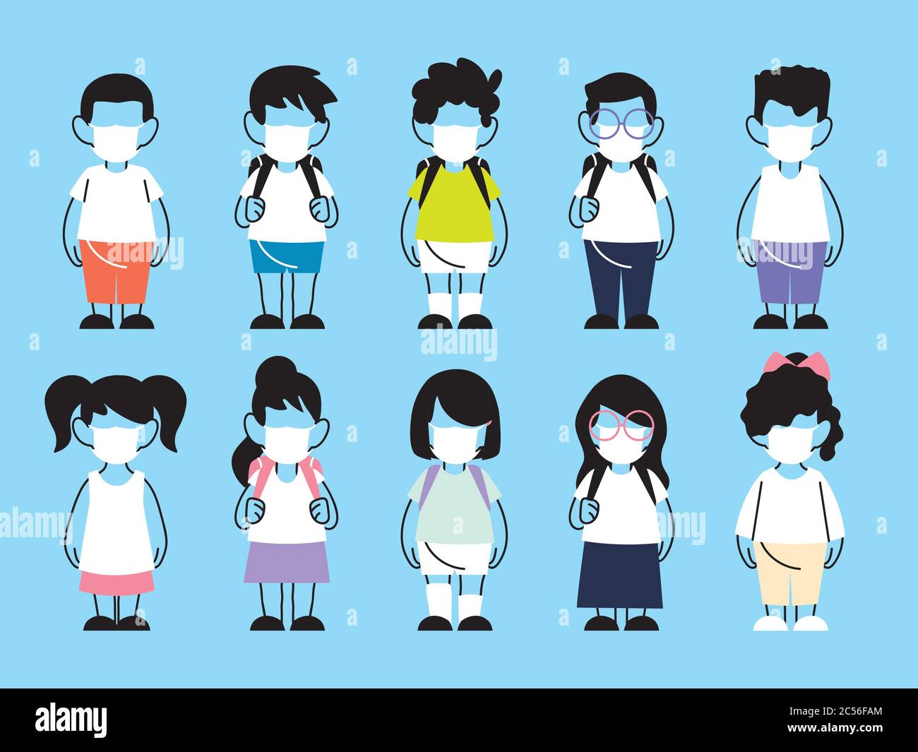set of kids wearing face mask and social distancing, back to school ...