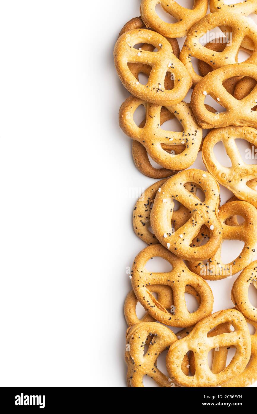 Crispy salted pretzels isolated on white background Stock Photo