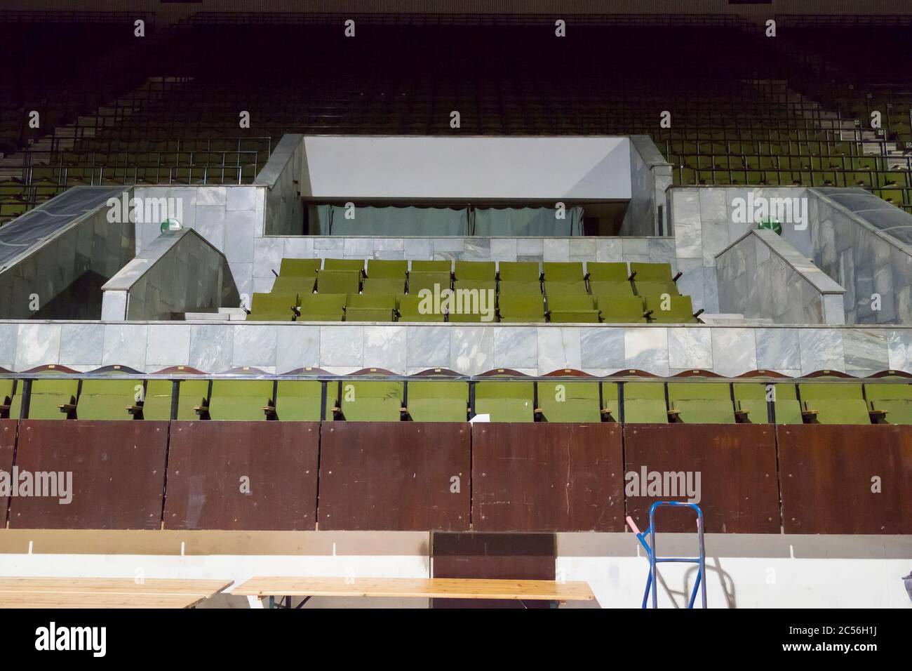 A view of the interior green stadium seating of the Sporto Rūmai, a sport arena built by the Rusisans in 1971. Now closed. In Vilnius, Lithuania. Stock Photo