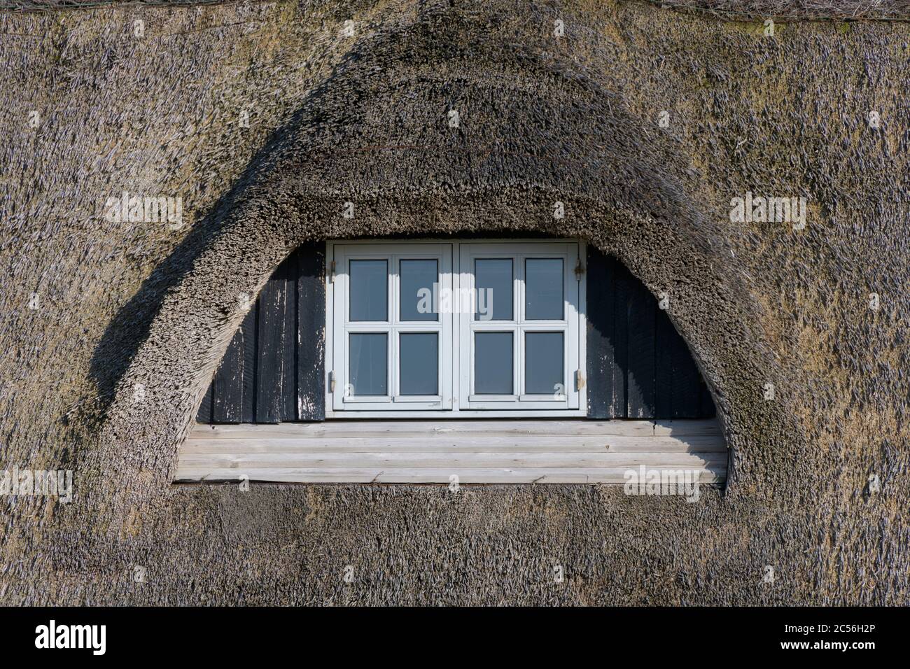 Dormer window of a thatched house, Klittmoller, Nationalpark Thy, North Sea, North Jutland, Denmark Stock Photo
