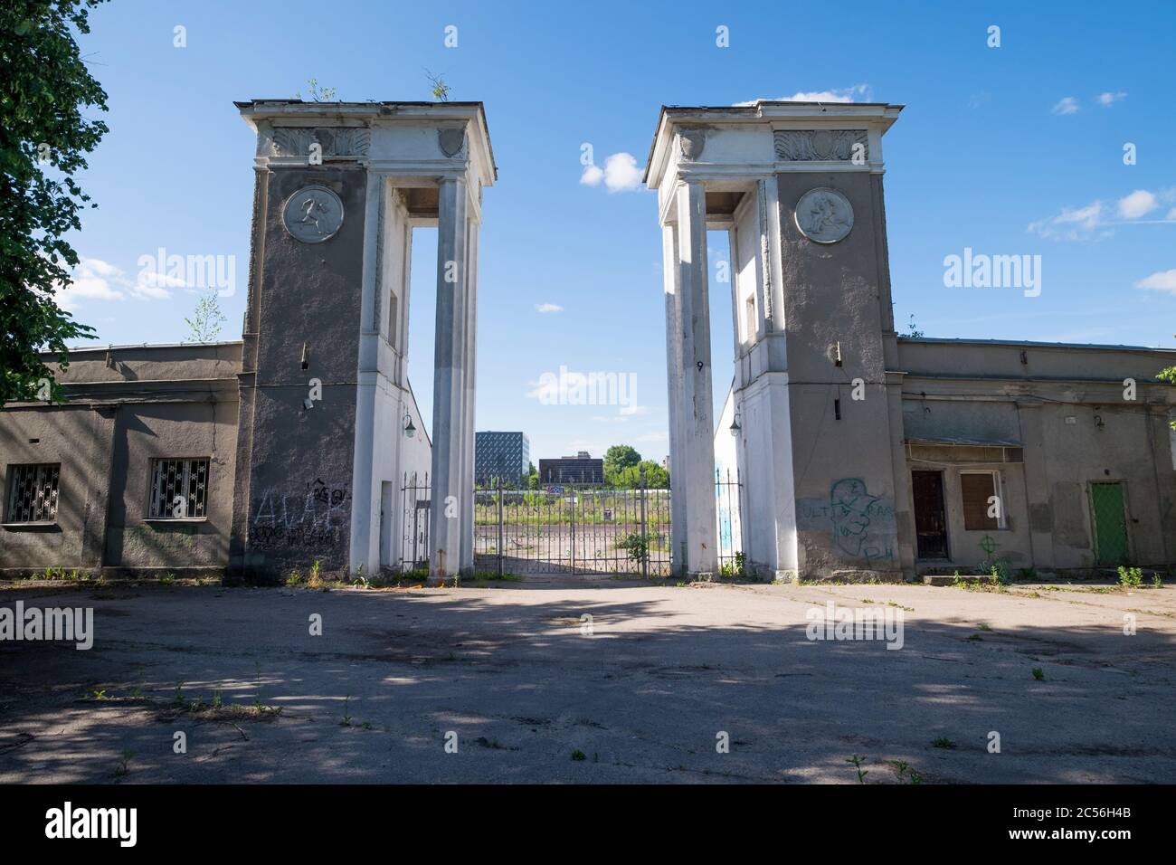 One of the entrance gates to Žalgiris Stadium, now torn down to make room for real estate development. In Vilnius, Lithuania. Stock Photo