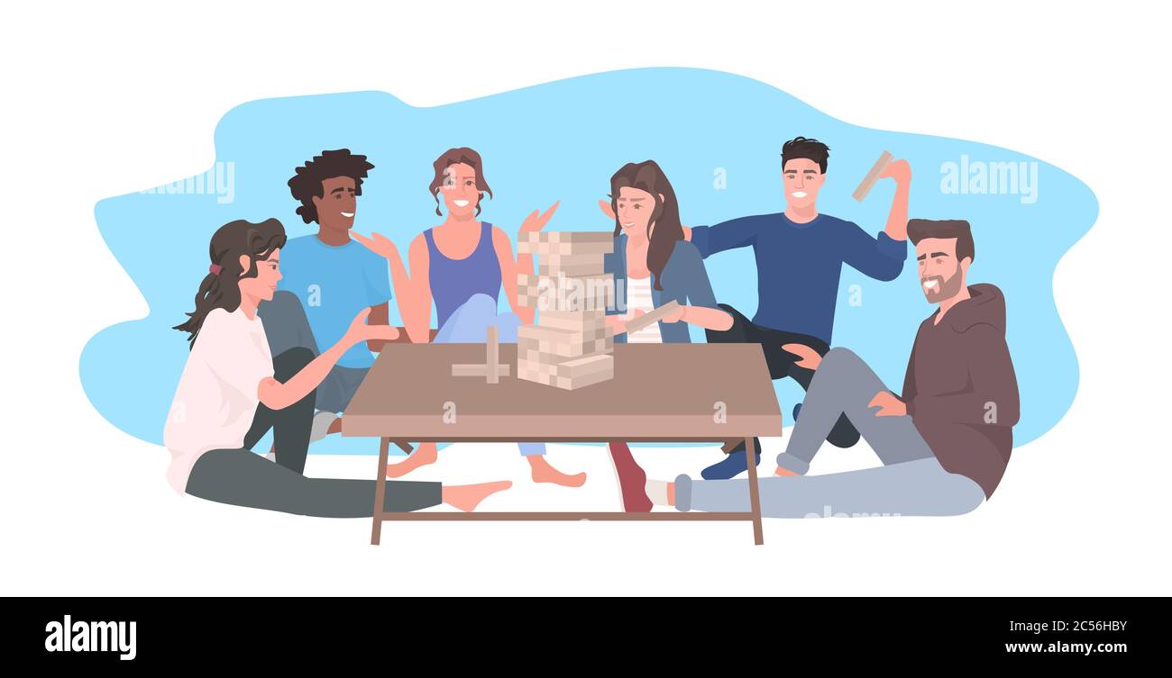 People playing jenga spending time together mix race friends having fun table games concept 