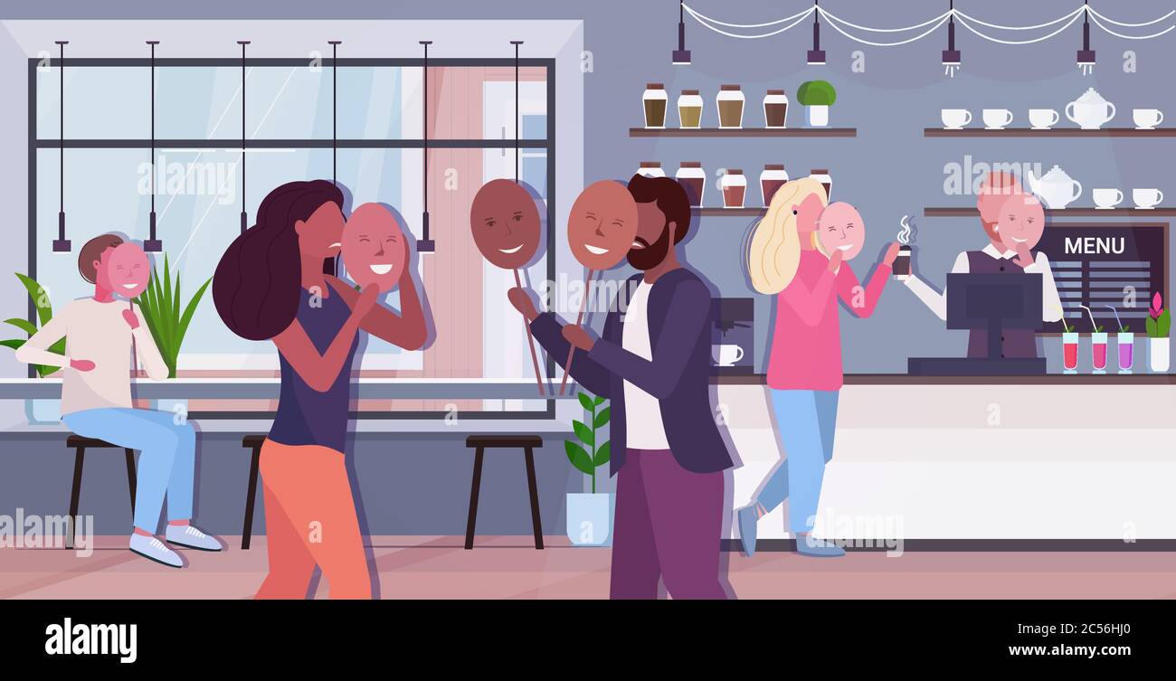 unhhappy people holding happy masks cafe visitors covering faces emotions behind mask fake feeling mental disorder concept restaurant interior full length horizontal vector illustration Stock Vector