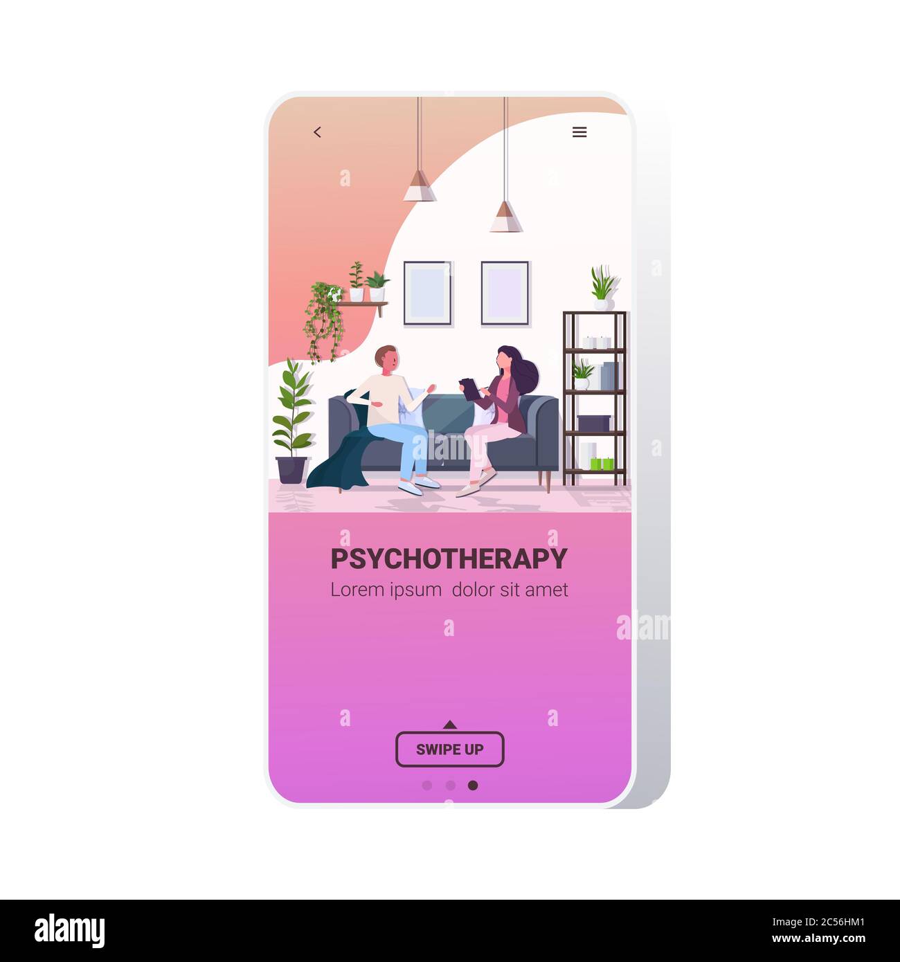 man with psychologist sitting on sofa psychotherapist consulting patient during psychotherapy session mental health depression concept smartphone screen mobile app vector illustration Stock Vector