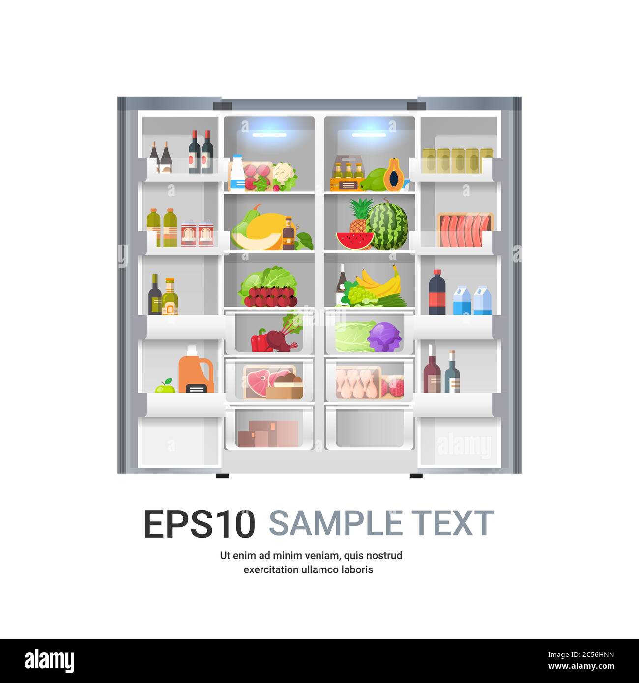 open refrigerator side by side fridge full of fresh food copy space isolated vector illustration