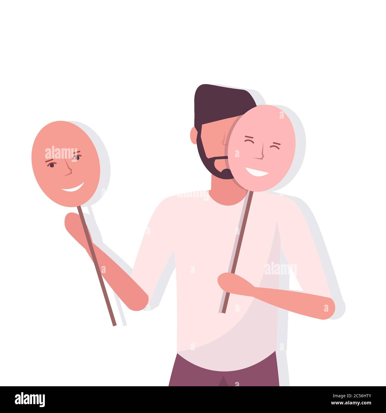 depressed man holding positive masks guy covering face emotions behind mask fake feeling depression mental disorder concept portrait vector illustration Stock Vector