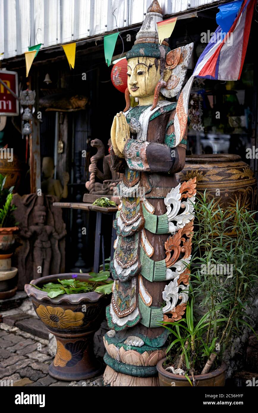 Antique Thailand. Wooden female deity figure. Asian antiques, Thailand Stock Photo