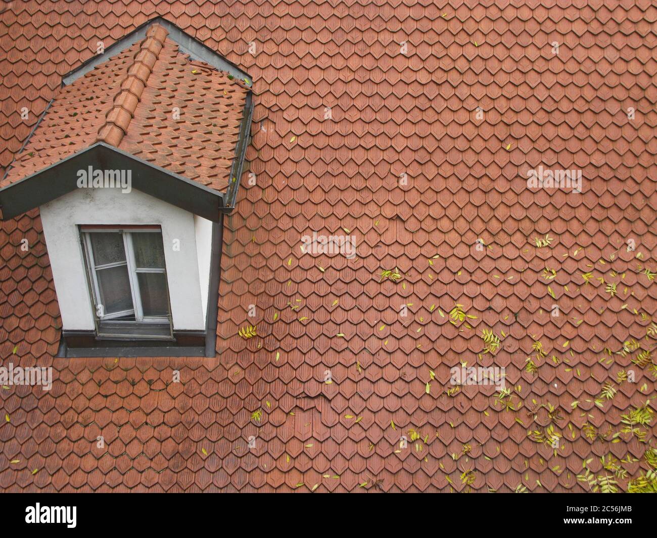 High angle shot of an orange-tiled house roof with a window Stock Photo