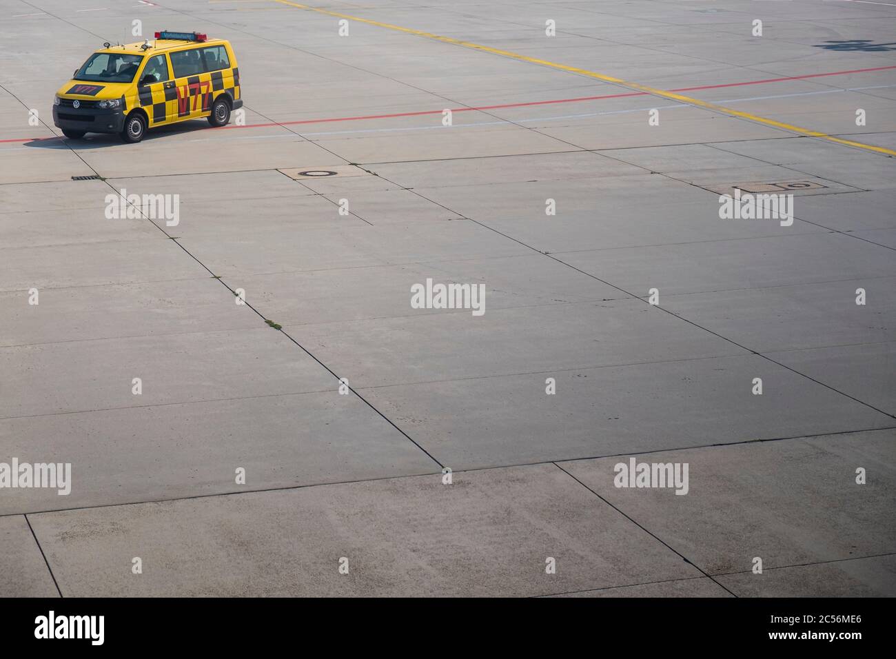 Follow-me-car on the apron at the airport Stock Photo